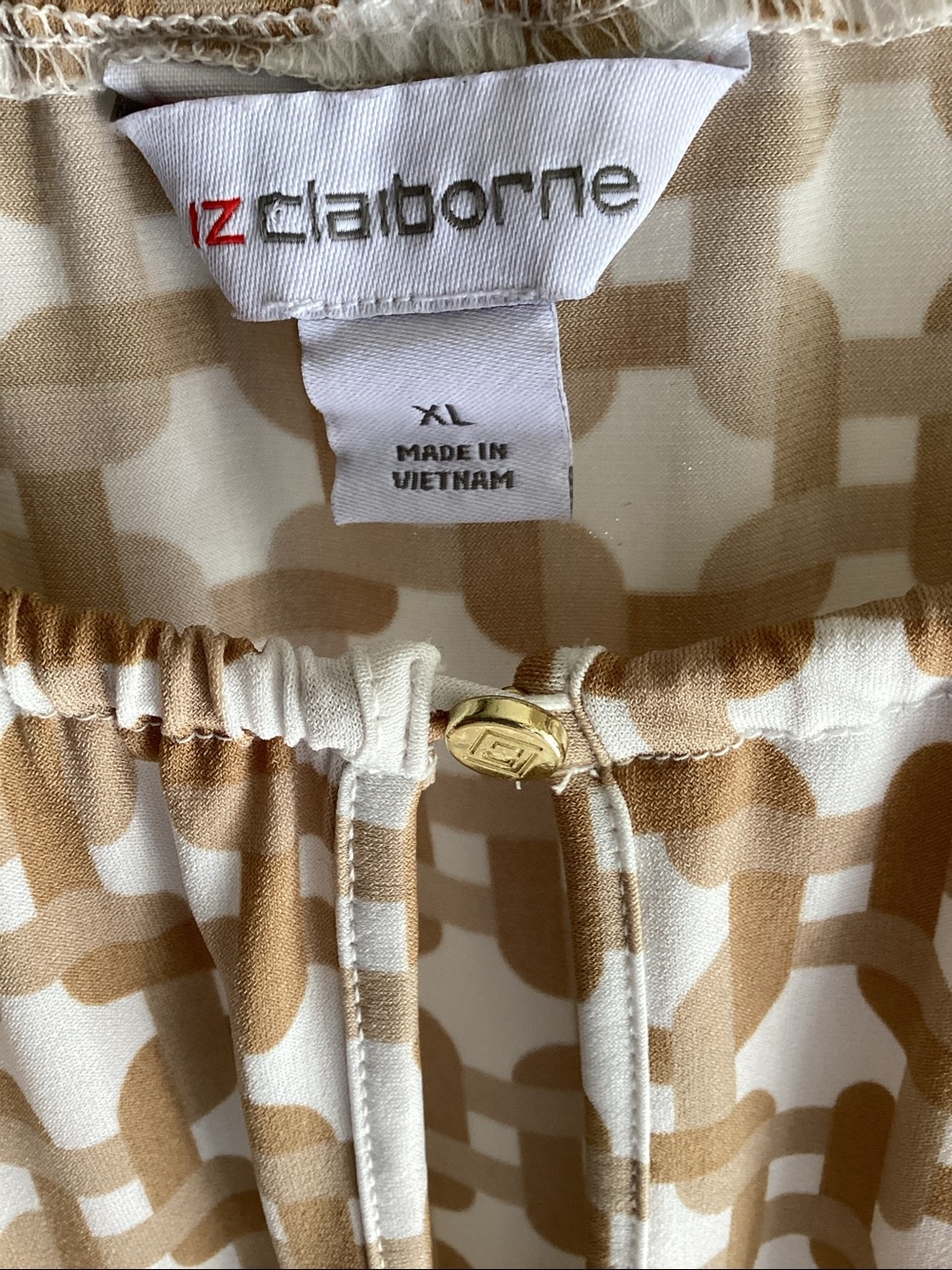 Liz Claiborne Cream and Tan Geometric Peasant Blouse - Picture 2 of 3